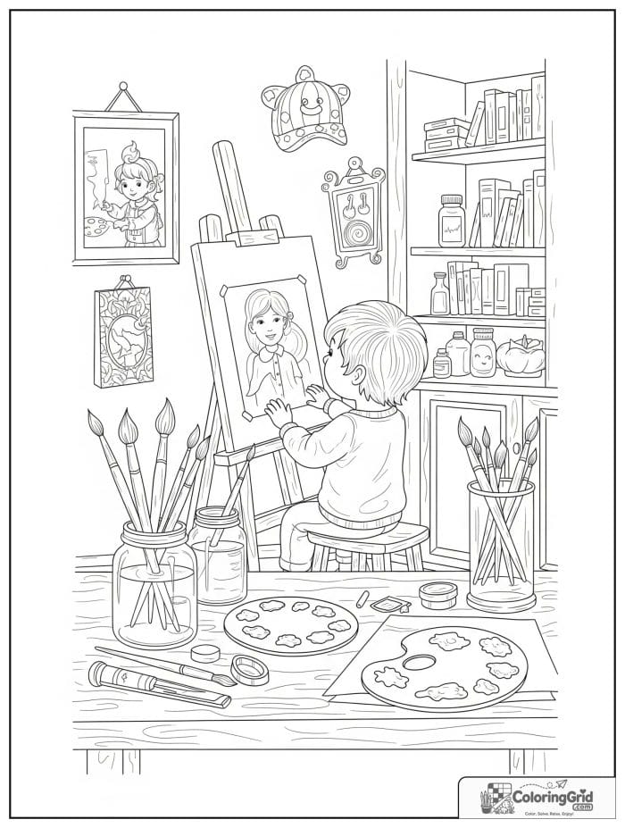 Back to school coloring page featuring an art class scene.