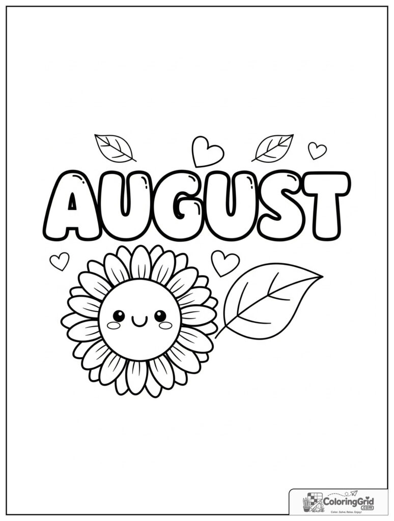 Cute August sunflower with small leaf and heart decorations.