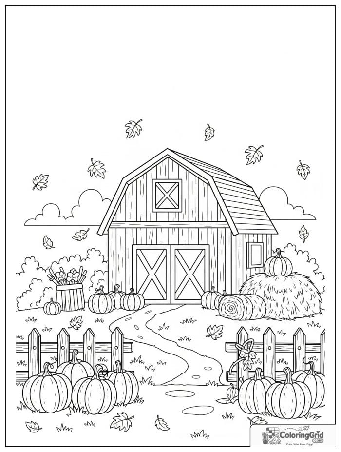 Fall Coloring Pages featuring an autumn barn with a pumpkin patch.