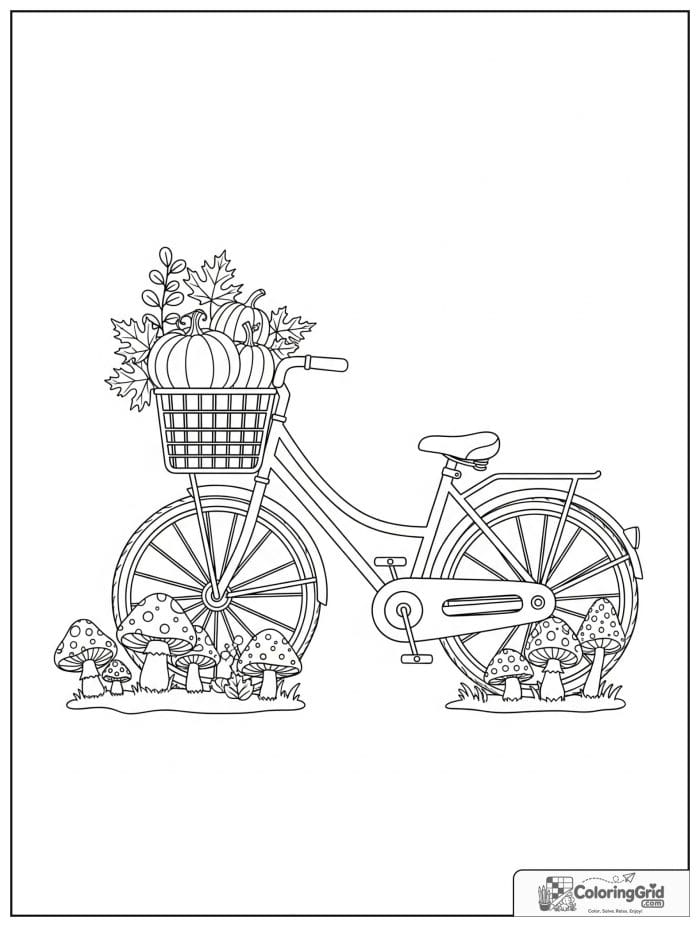 Fall Coloring Pages showing a bicycle with a pumpkin basket.