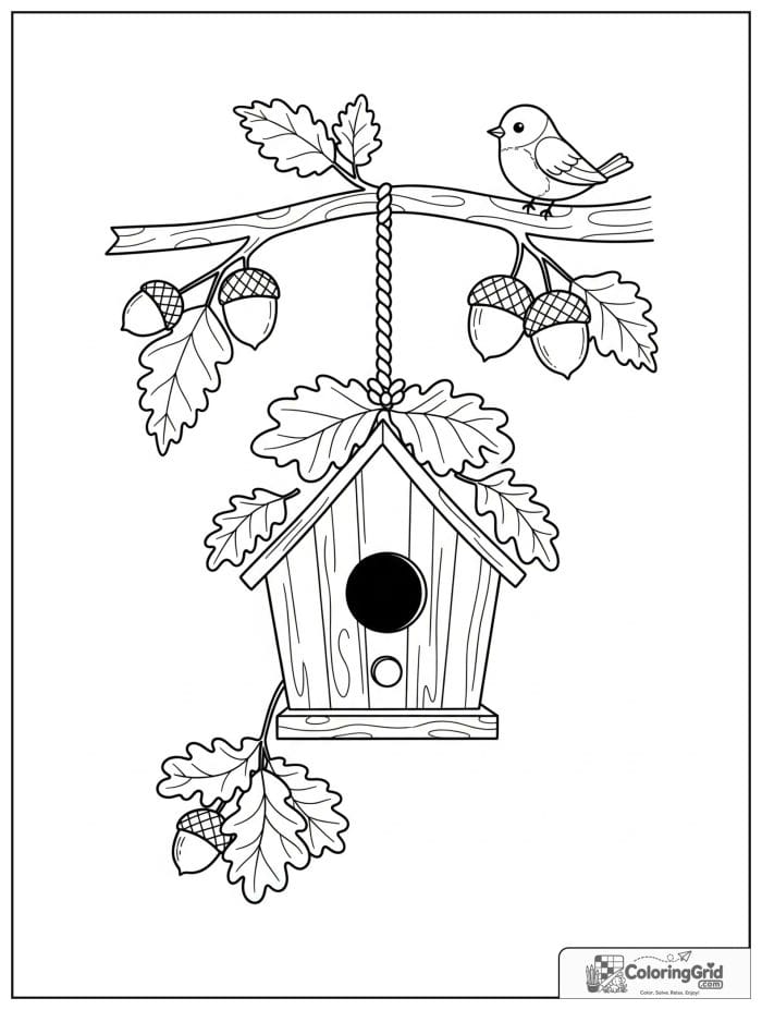 Fall Coloring Pages featuring an autumn birdhouse with leaves.