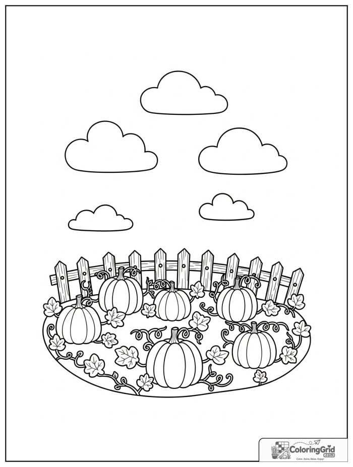 Weather Coloring Pages for Seasons featuring autumn clouds over a pumpkin patch.