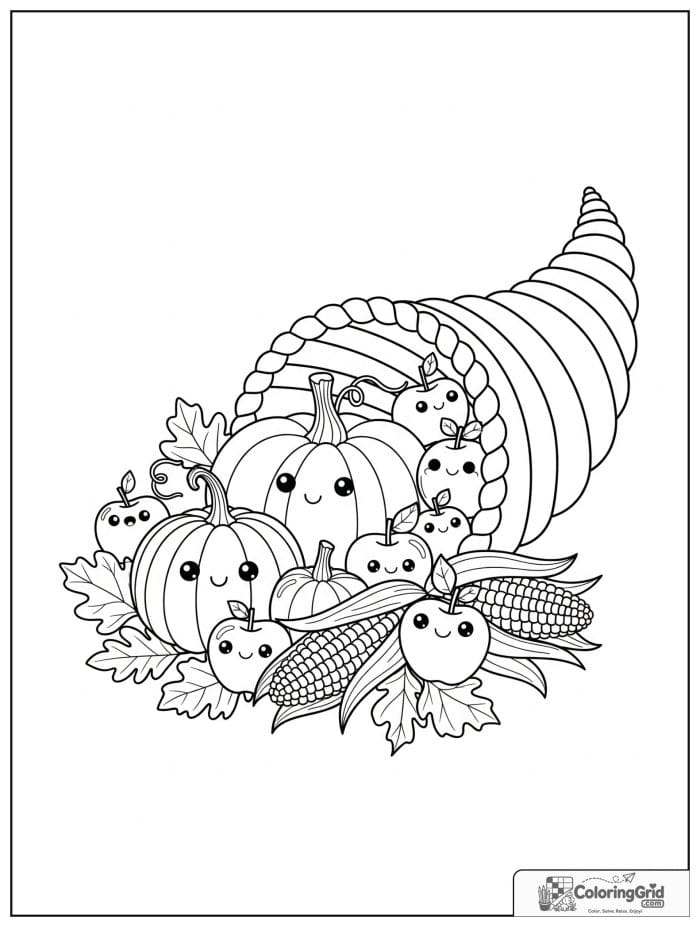 Fall Coloring Pages featuring an autumn cornucopia harvest scene.