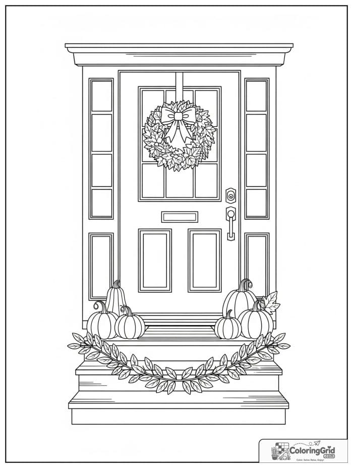 Fall Coloring Pages showing an autumn door with wreath and pumpkins.