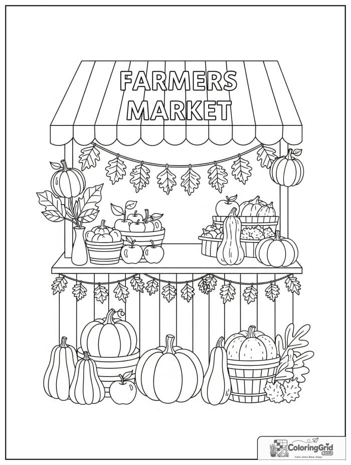 Fall Coloring Pages showing an autumn farmers market stand.