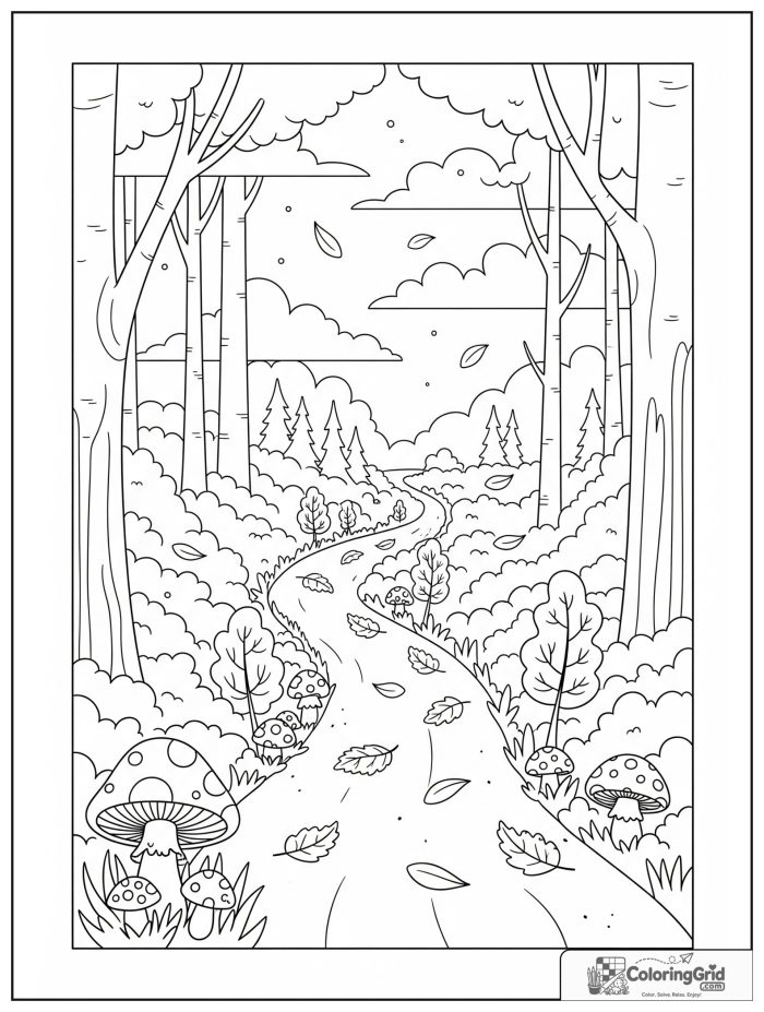 Weather Coloring Pages for Seasons featuring an autumn foggy forest path.