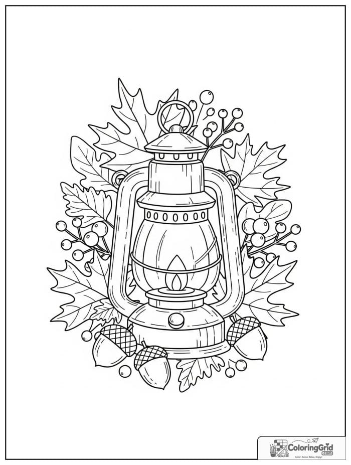 Fall Coloring Pages featuring an autumn lantern with leaves.
