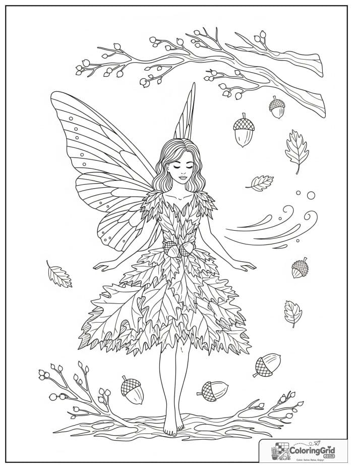 Fairy coloring page featuring an autumn fairy in a leaf dress.