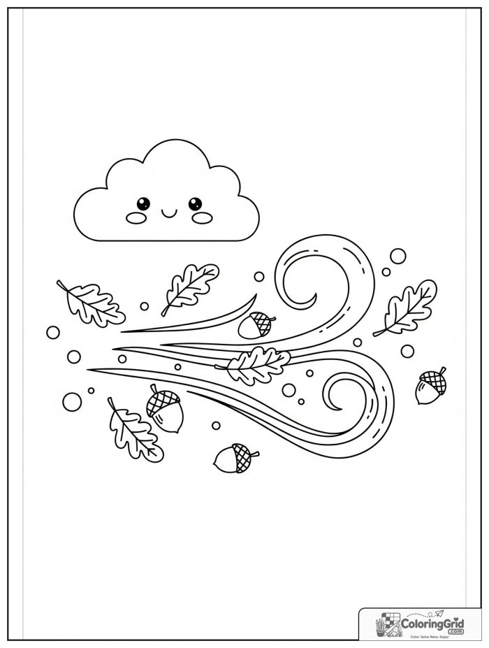 Weather Coloring Pages for Seasons featuring autumn leaves blowing in the wind.