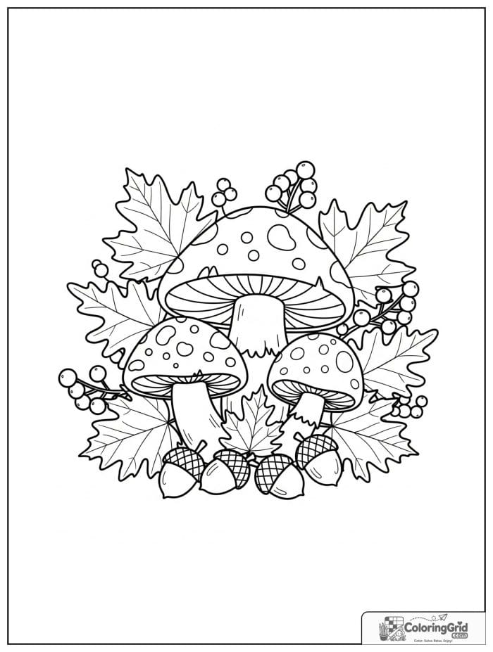 Fall Coloring Pages showing an autumn mushroom cluster with leaves.