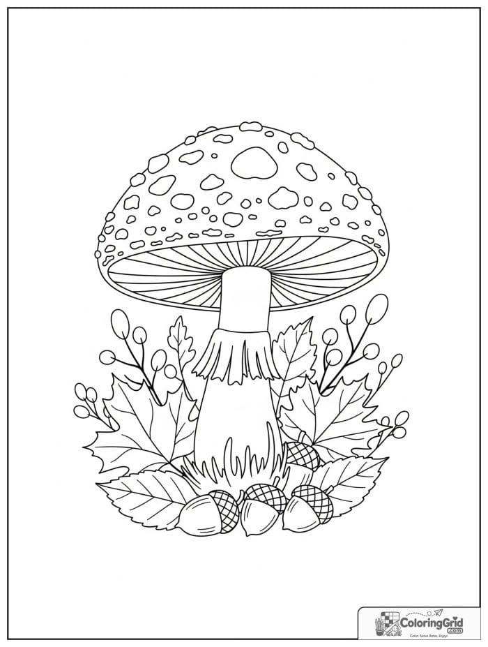 Autumn mushroom with acorns black and white art