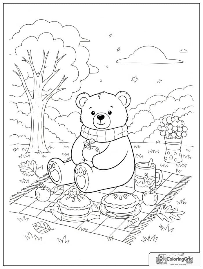 Fall Coloring Pages showing a bear at an autumn picnic.