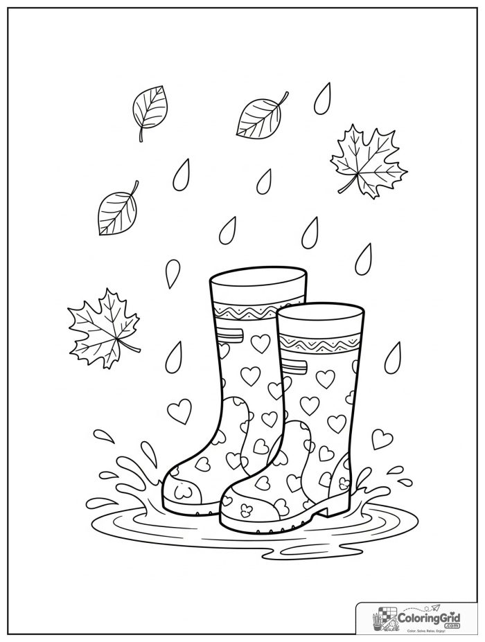 Weather Coloring Pages for Seasons showing autumn rain boots and a puddle.