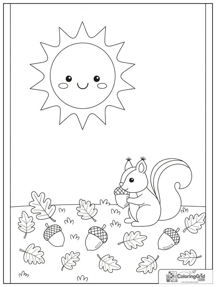 Weather Coloring Pages for Seasons showing autumn sunshine with a squirrel.