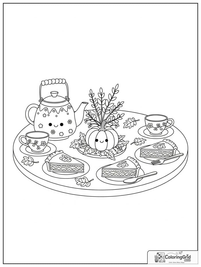 Fall Coloring Pages featuring an autumn tea table scene.