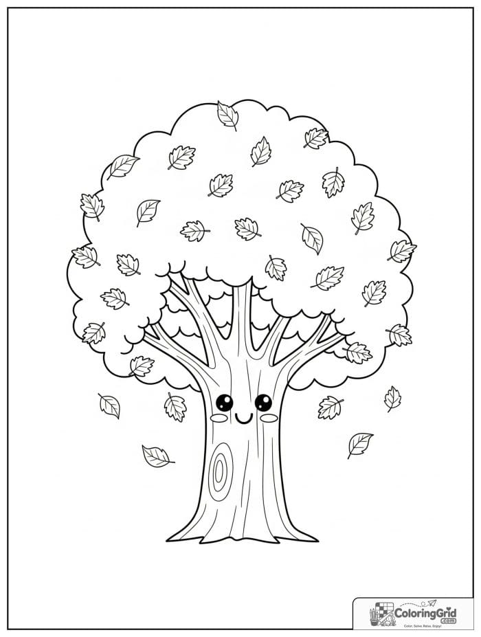 Fall Coloring Pages featuring an autumn tree with falling leaves.