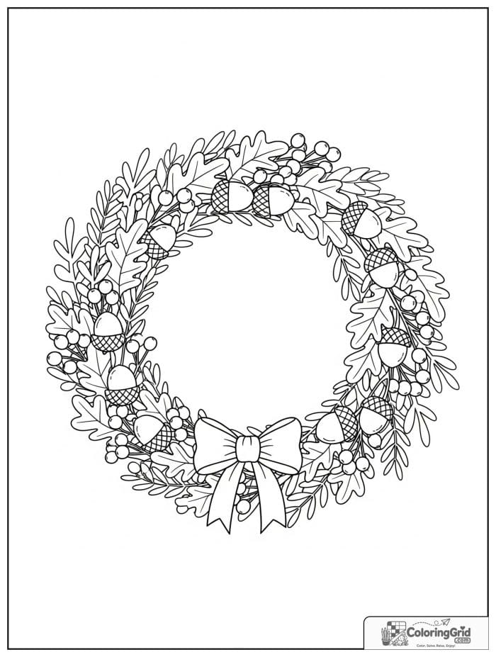 Fall Coloring Pages featuring an autumn wreath with acorns.