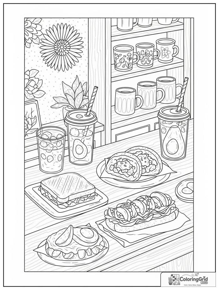 Avocado cafe scene for avocado coloring pages