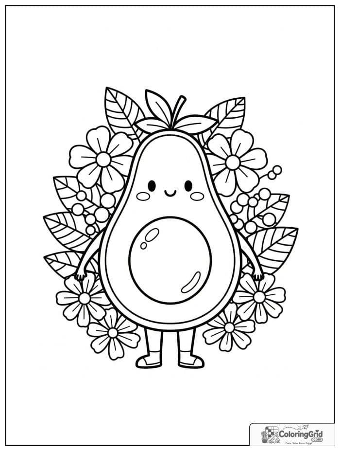 Avocado with flower border for avocado coloring pages