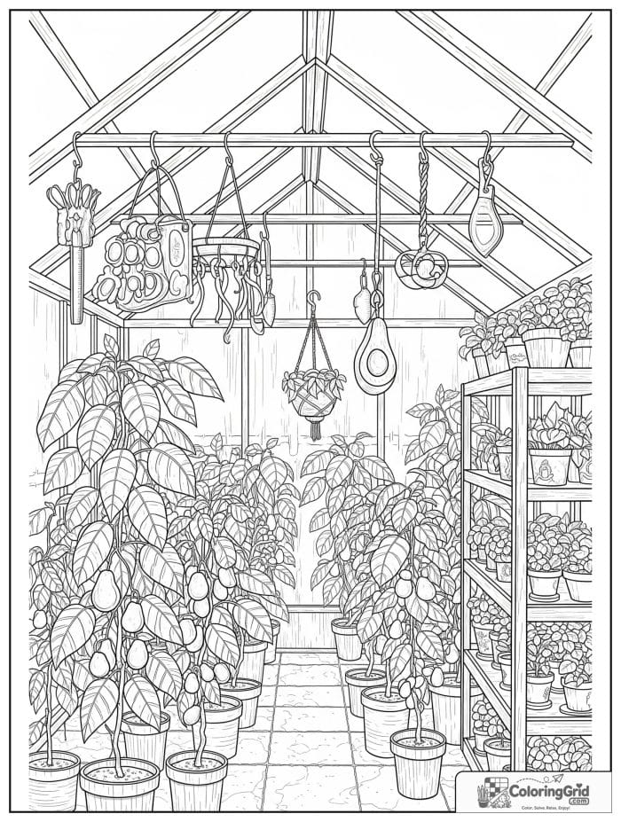Avocado greenhouse scene for avocado coloring pages