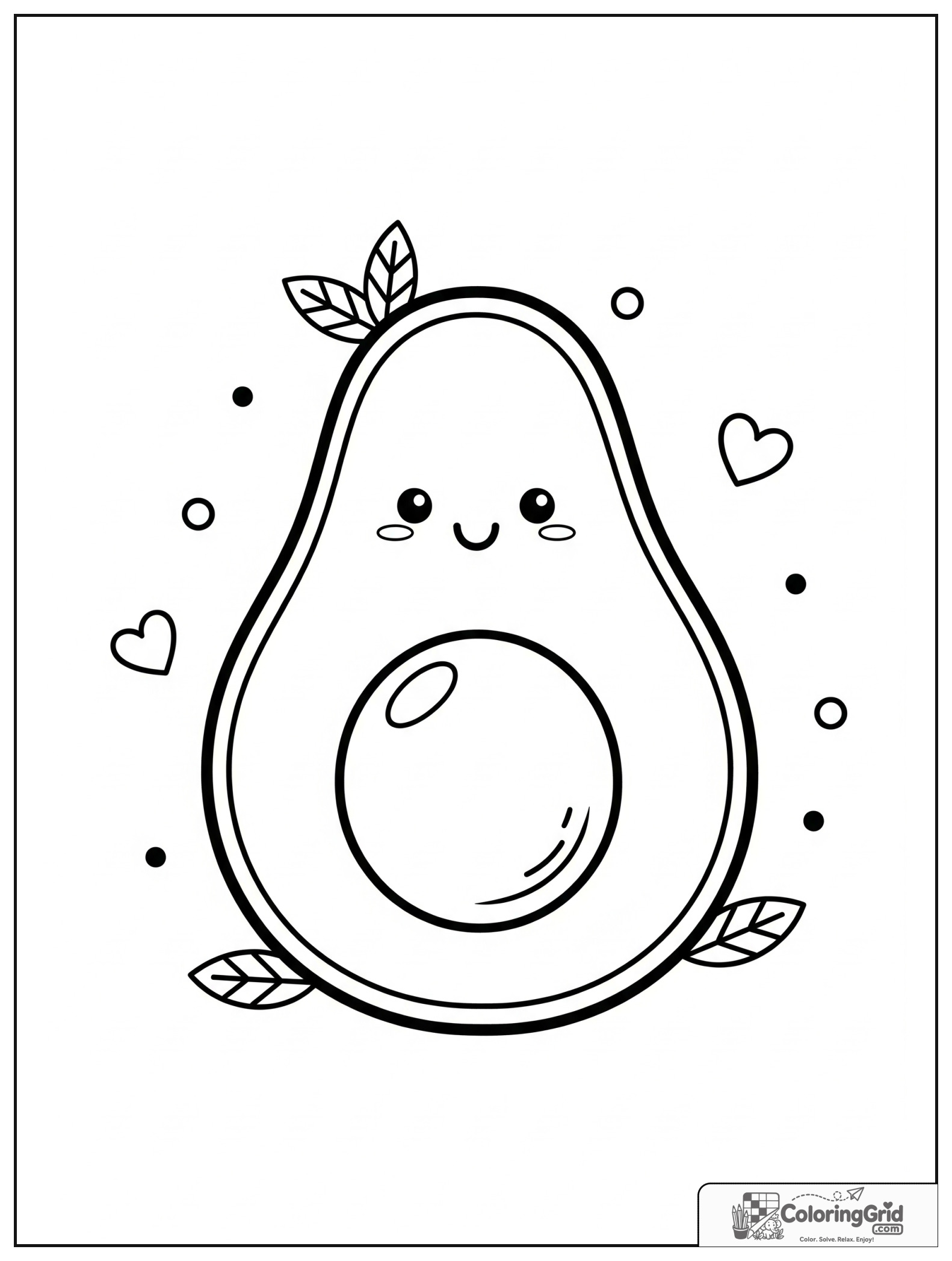 Cute avocado half with a pit and small heart decorations.