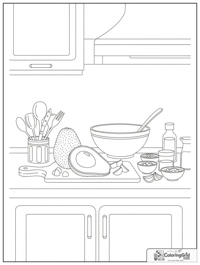 Avocado kitchen prep scene for avocado coloring pages