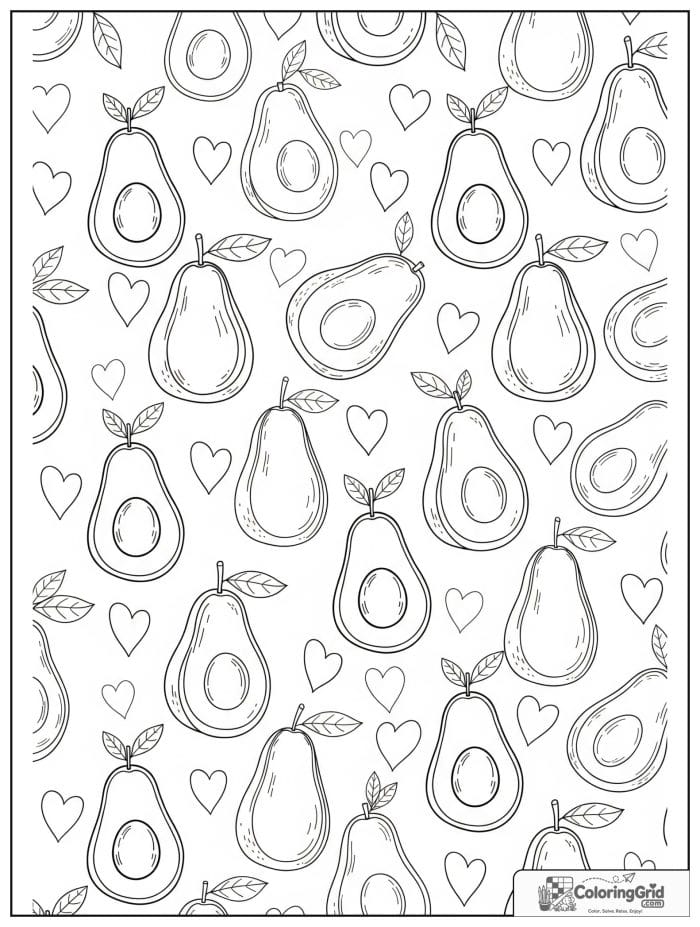 Avocado, leaf, and heart pattern for avocado coloring pages