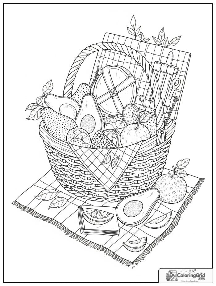 Detailed avocado picnic basket for avocado coloring pages