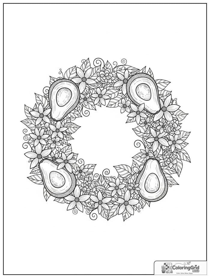 Detailed avocado wreath for avocado coloring pages