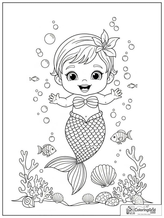 Mermaid coloring page featuring a cute baby mermaid with bubbles.