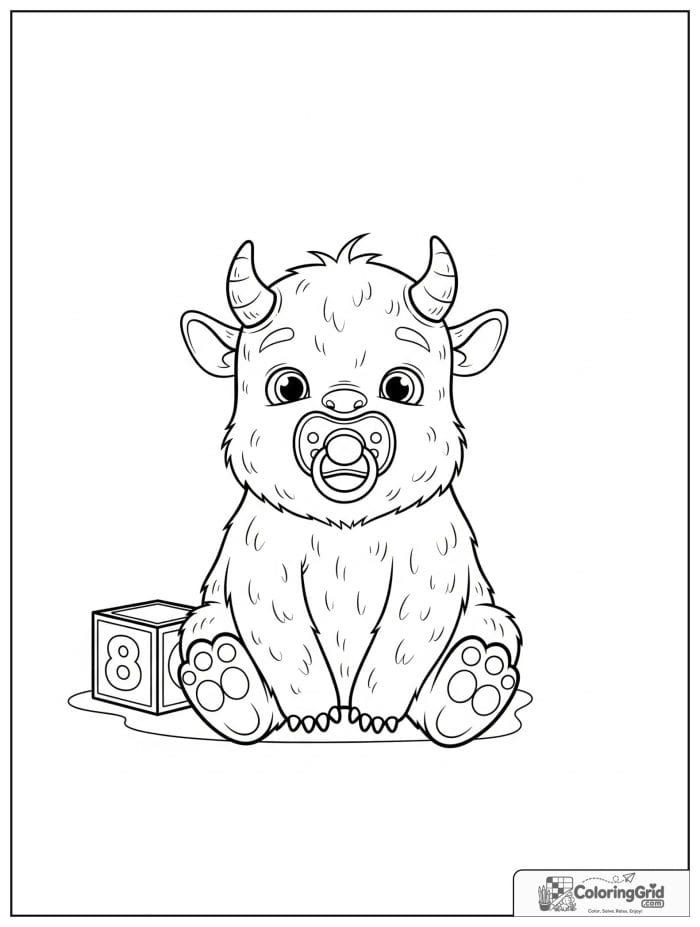 Baby monster sitting with pacifier and toy block