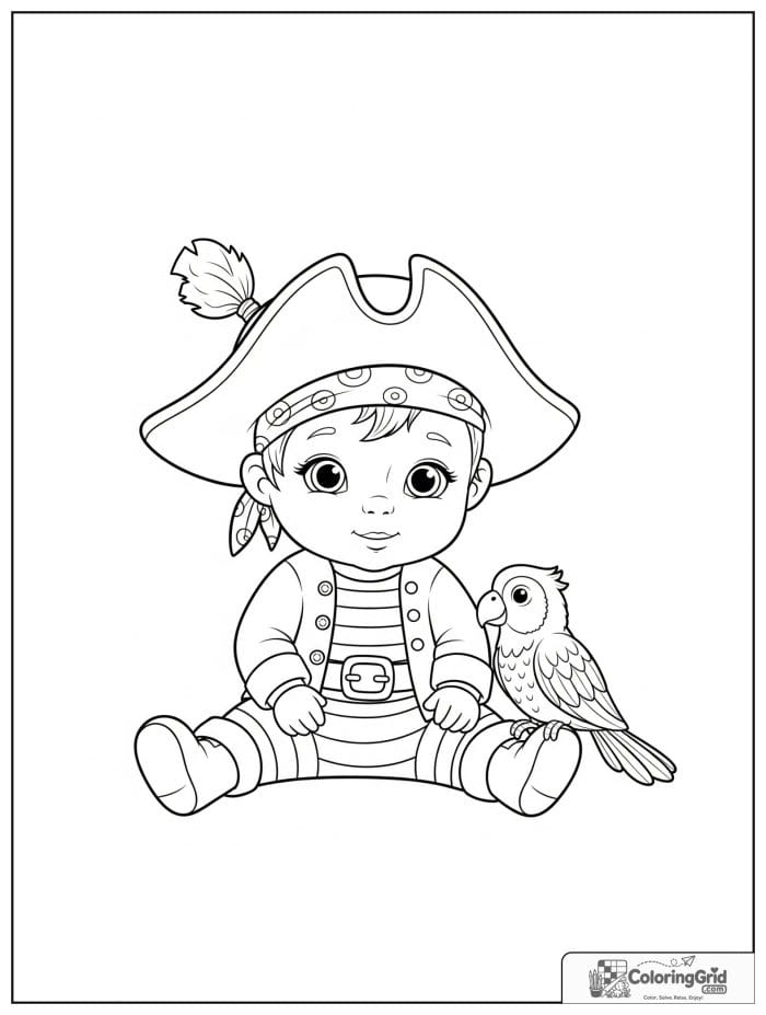 Baby pirate sitting with a cute parrot beside them.