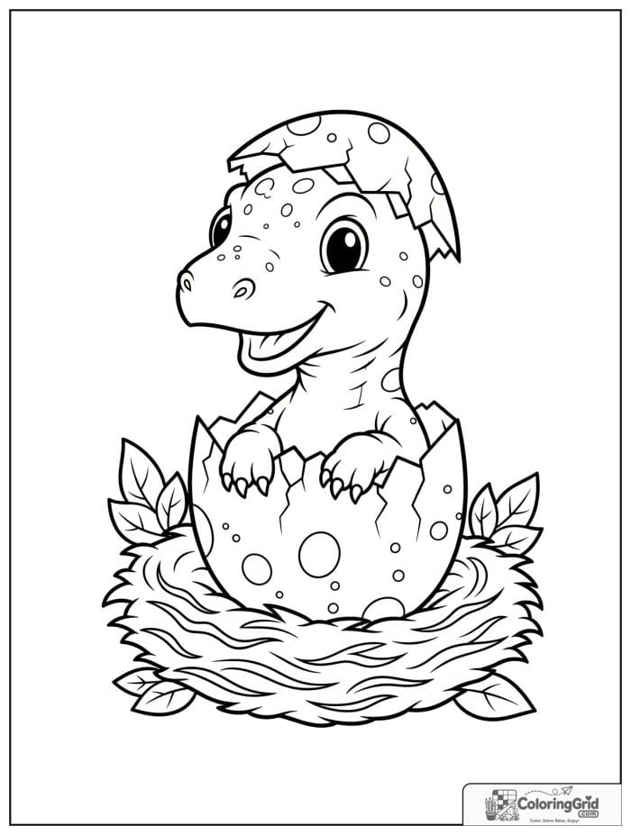 Baby spinosaurus hatching from a cracked egg in a nest.