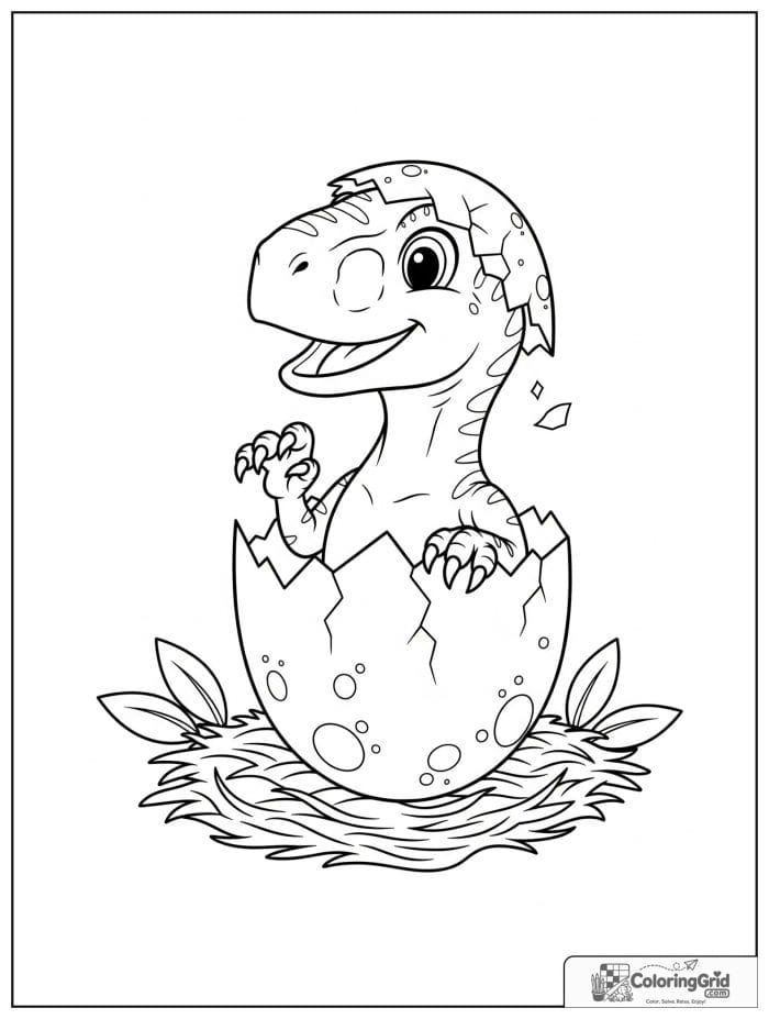 Velociraptor coloring page featuring a baby velociraptor hatching from an egg.