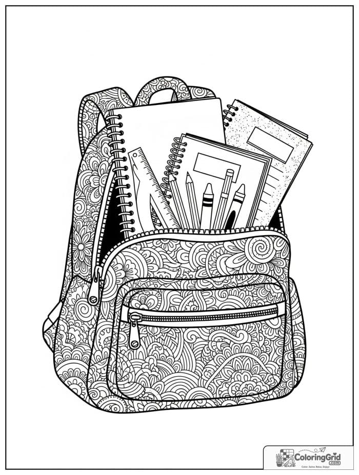 Back to school coloring page featuring a backpack filled with supplies.