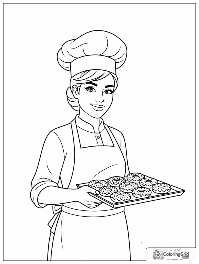Baker holding donut tray for Donut Coloring Pages