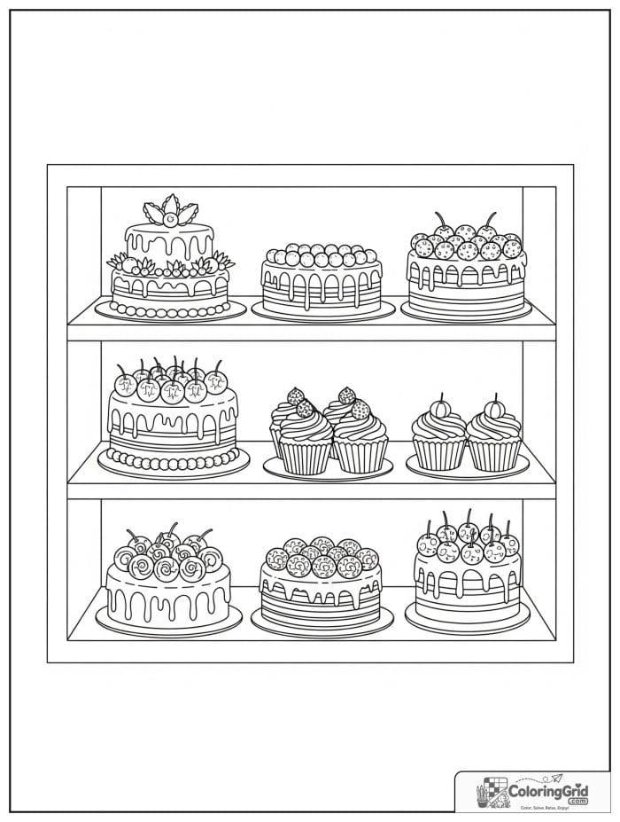 Bakery display with cakes for Cake Coloring Pages
