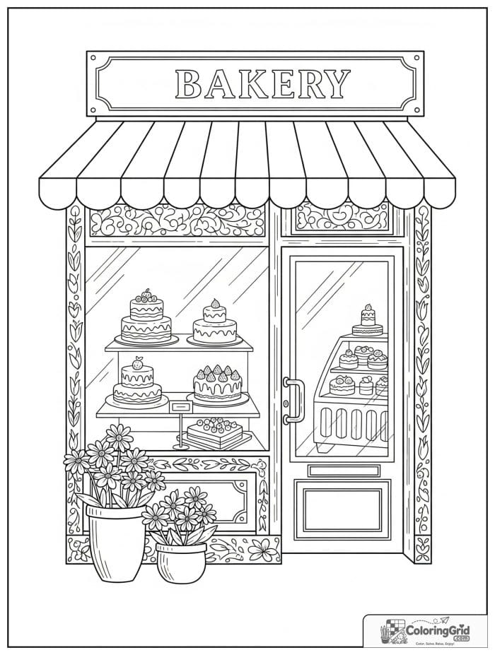 Bakery storefront with cakes for Cake Coloring Pages