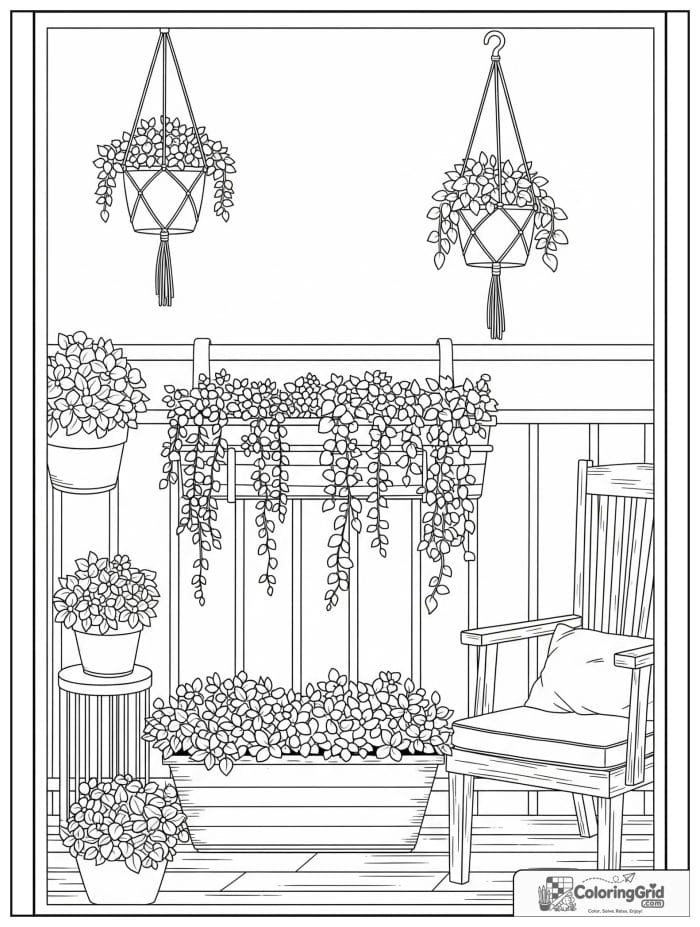 Garden coloring page featuring a balcony container garden.