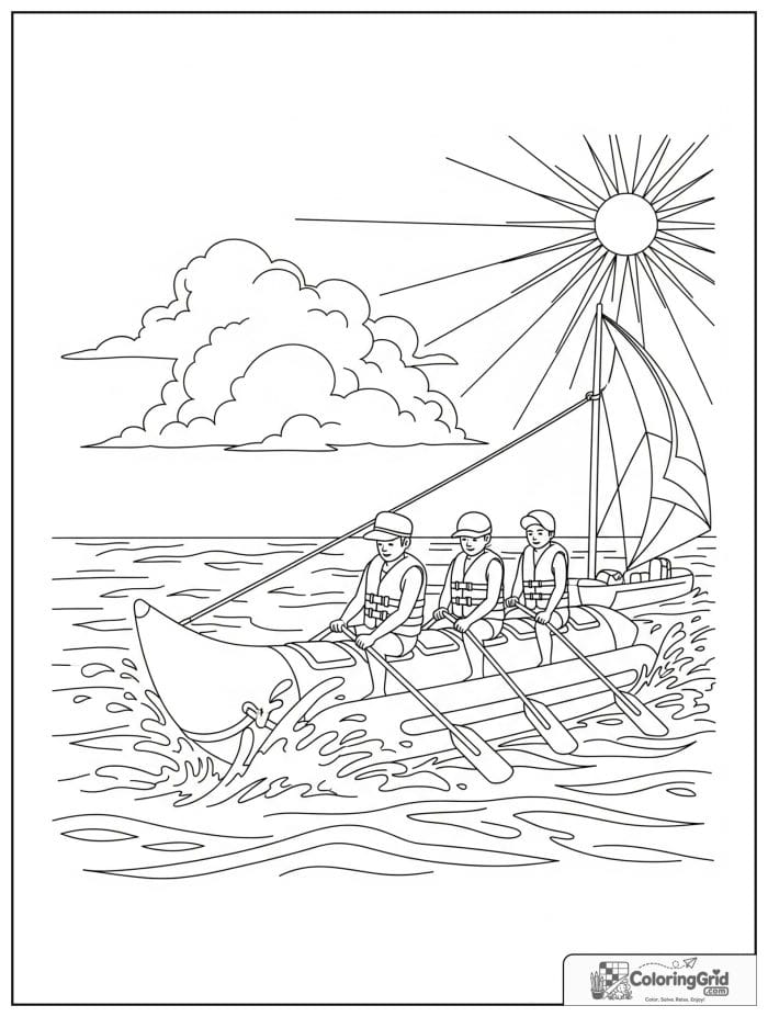 Boat coloring page featuring a banana boat water fun scene.