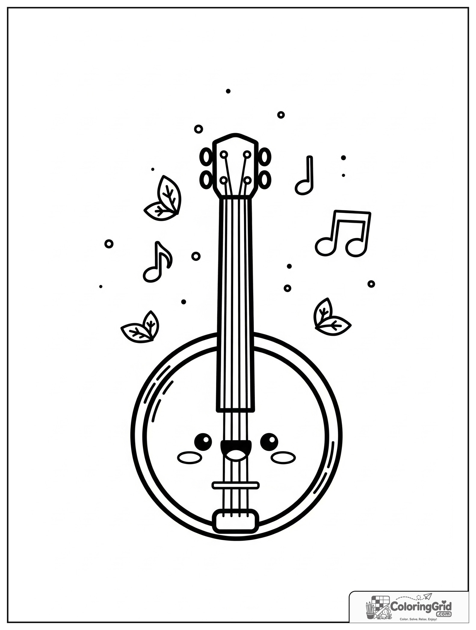 Cute smiling banjo with small leaf and music note decorations.