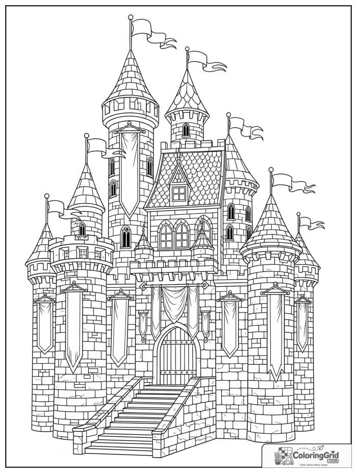 Castle coloring page featuring a castle covered with banners and flags.