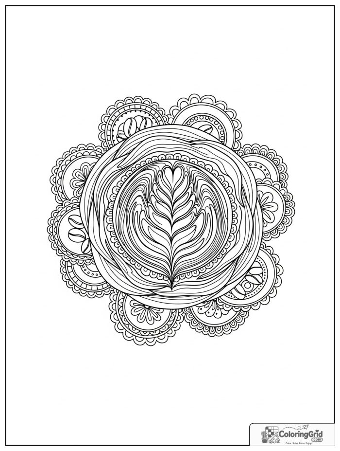 Barista art rosette mandala with layered foam leaves and lace rings.