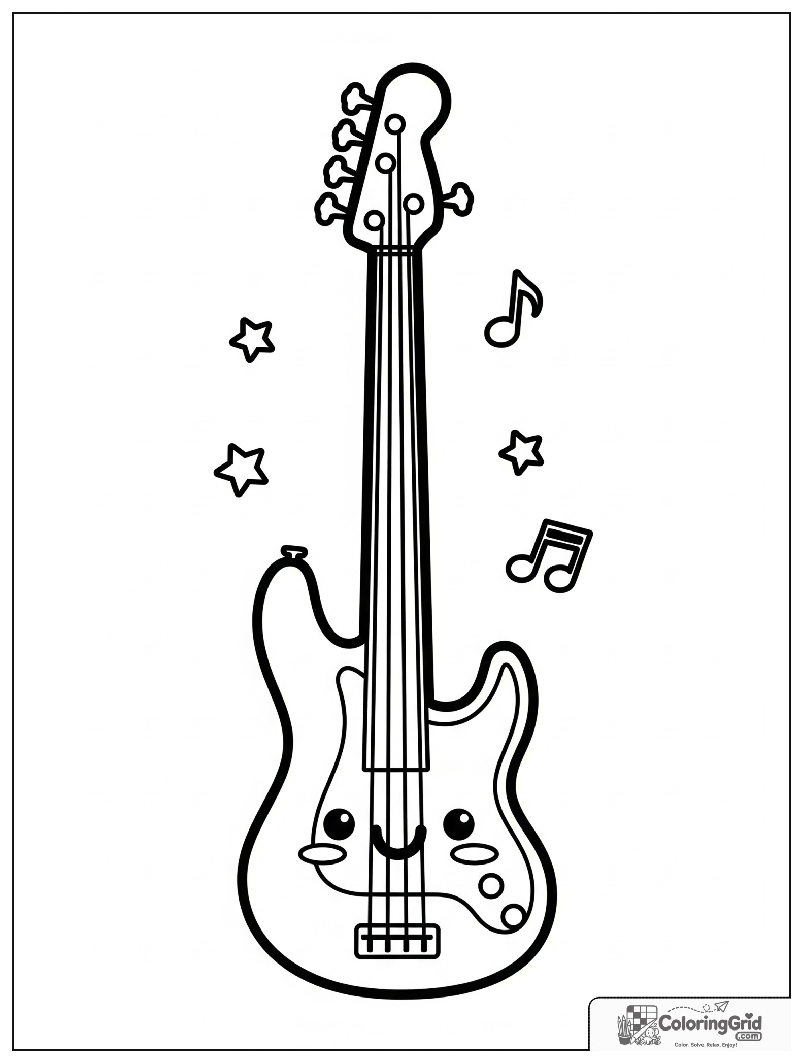 Cute smiling bass guitar with small star and music note decorations.