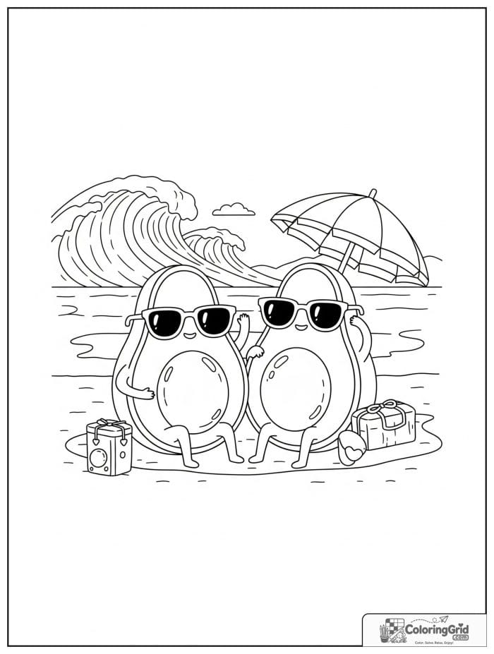 Beach avocado friends for avocado coloring pages