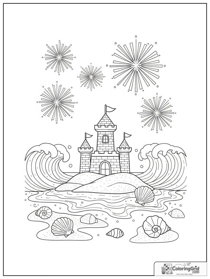 Beach sandcastle scene with fireworks overhead.