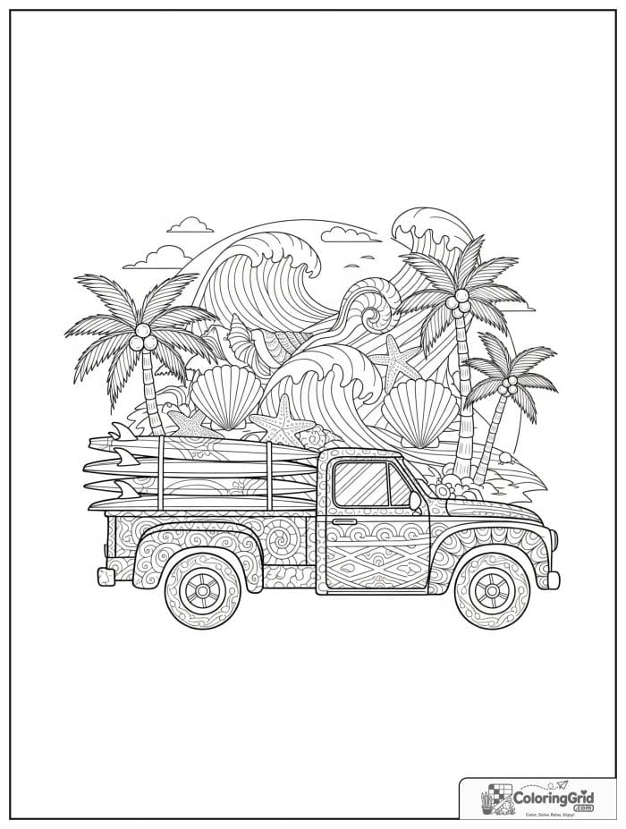 Truck coloring page featuring a beach pickup truck carrying surfboards.