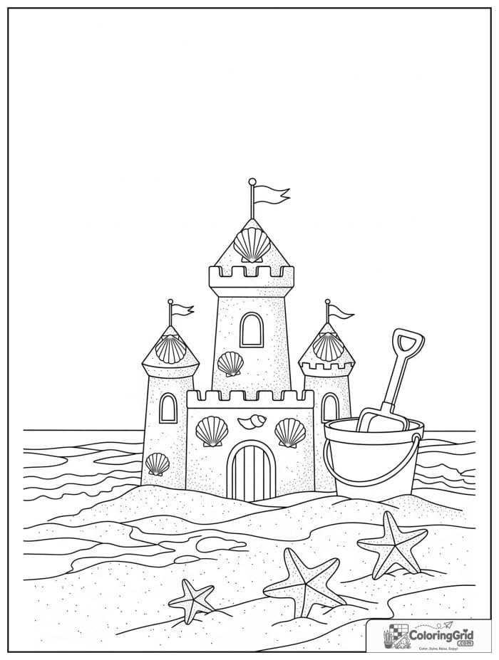 Castle coloring page featuring a beach sandcastle.