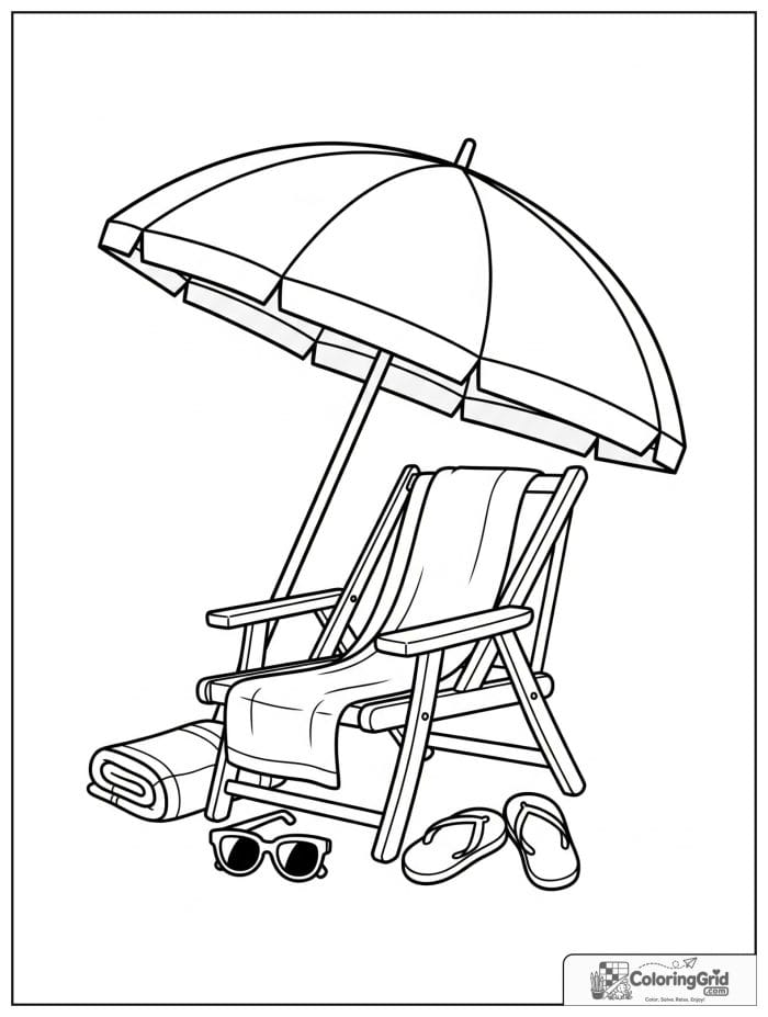 Summer Coloring Pages featuring a beach umbrella and chair.
