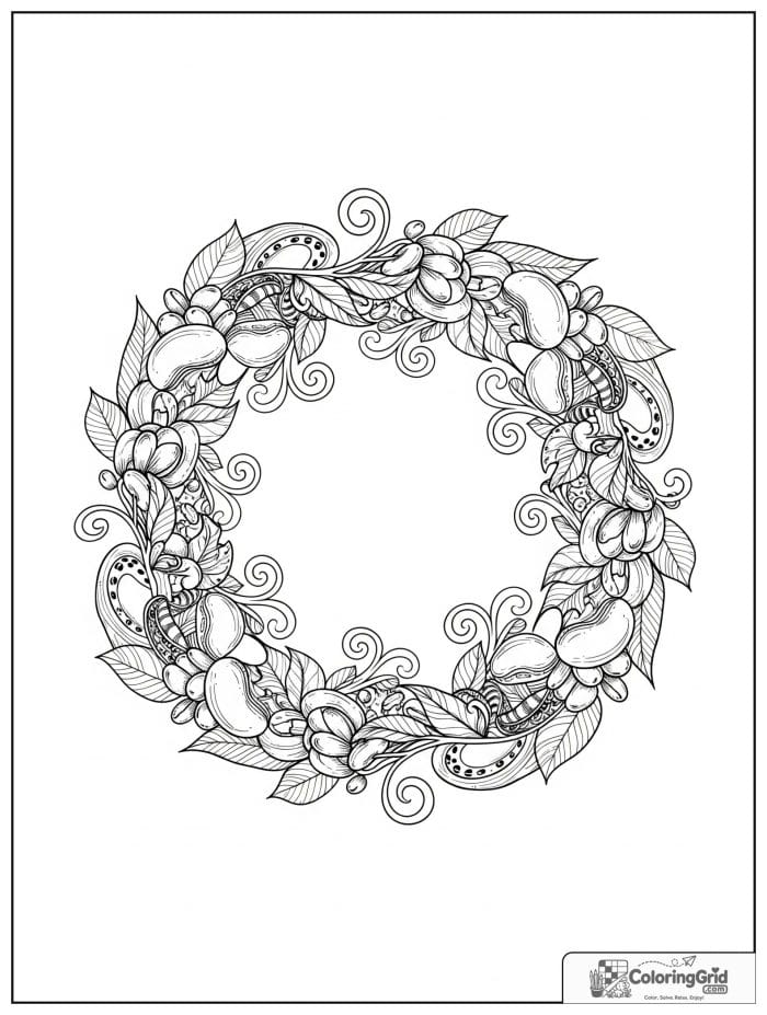 Bean and leaf wreath mandala with spiraled tendrils.